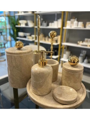 Miarik Design Dekoratif Mermer Banyo Seti Takımı 7 Li Buyuk Disko Top Pirinç Detaylı Tasarım Set