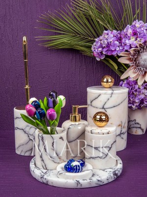 Miarik Design Dekoratif Mermer Banyo Seti Takımı 7 Li Buyuk Disko Top Pirinç Detaylı Tasarım Set