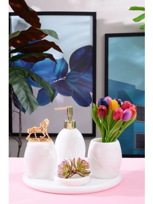 Miarik Design Dekoratif Beyaz Mermer Oval Banyo Seti Takımı 5 Li Tasarım Set