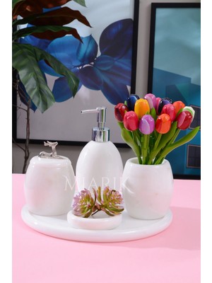 Miarik Design Dekoratif Beyaz Mermer Oval Banyo Seti Takımı 5 Li Tasarım Set