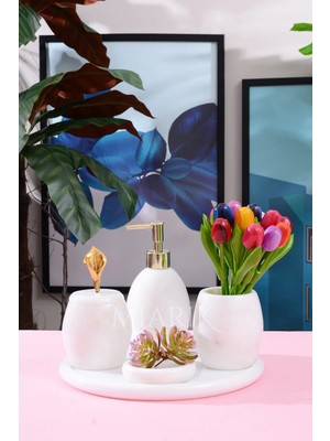 Miarik Design Dekoratif Beyaz Mermer Oval Banyo Seti Takımı 5 Li Tasarım Set