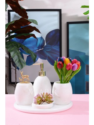 Miarik Design Dekoratif Beyaz Mermer Oval Banyo Seti Takımı 5 Li Tasarım Set