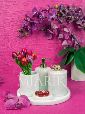 Miarik Design Dekoratif Beyaz Mermer  Pirinc Aksesuar Detaylı 5 Li Banyo Seti Takımı