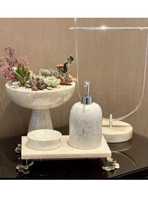 Miarik Design Dekoratif Bej Mermer Gınko Aksesuar Detaylı 4 Lu Banyo Seti Takımı