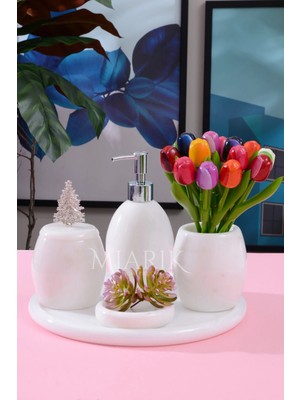 Miarik Design Dekoratif Beyaz Mermer Oval Banyo Seti Takımı 5 Li Tasarım Set