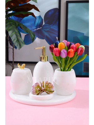 Miarik Design Dekoratif Beyaz Mermer Oval Banyo Seti Takımı 5 Li Tasarım Set