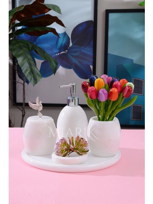 Miarik Design Dekoratif Beyaz Mermer Oval Banyo Seti Takımı 5 Li Tasarım Set