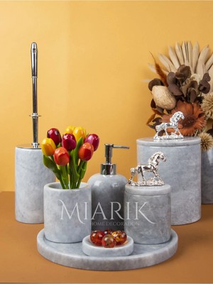 Miarik Design Dekoratif Grı Mermer Aksesuar Detaylı 7 Li Banyo Seti Takımı