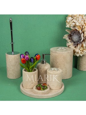 Miarik Design Dekoratif Traverten Mermer Aksesuar Detaylı 7 Li Banyo Seti Takımı