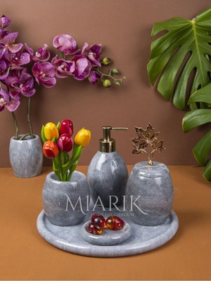Miarik Design Dekoratif Gri Oval Mermer Banyo Seti Takımı 5 Li Aksesuar Detaylı Tasarım Set