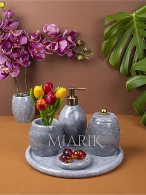 Miarik Design Dekoratif Gri Oval Mermer Banyo Seti Takımı 5 Li Aksesuar Detaylı Tasarım Set