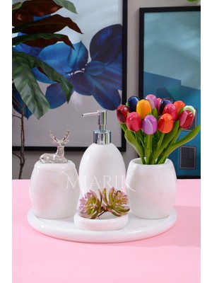 Miarik Design Dekoratif Beyaz Mermer Oval Banyo Seti Takımı 5 Li Tasarım Set