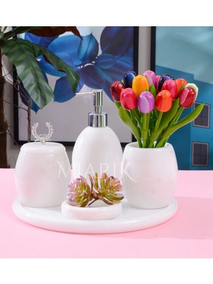 Miarik Design Dekoratif Beyaz Mermer Oval Banyo Seti Takımı 5 Li Tasarım Set
