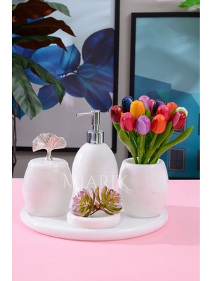 Miarik Design Dekoratif Beyaz Mermer Oval Banyo Seti Takımı 5 Li Tasarım Set