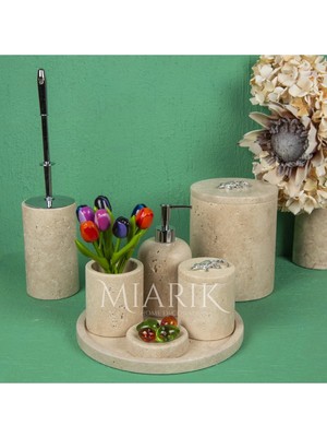 Miarik Design Dekoratif Traverten Mermer Aksesuar Detaylı 7 Li Banyo Seti Takımı