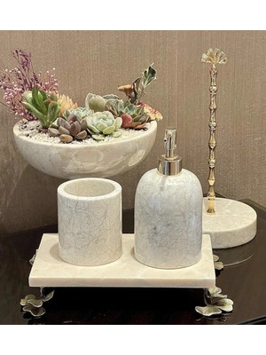 Miarik Design Bej Mermer Gınko Aksesuar Detaylı 4 Lu Banyo Seti Şık Tasarım ve Modern Görünüm