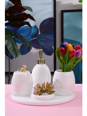 Miarik Design Dekoratif Beyaz Mermer Oval Banyo Seti Takımı 5 Li Tasarım Set