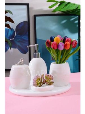 Miarik Design Dekoratif Beyaz Mermer Oval Banyo Seti Takımı 5 Li Tasarım Set