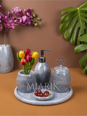 Miarik Design Dekoratif Gri Oval Mermer Banyo Seti Takımı 5 Li Aksesuar Detaylı Tasarım Set