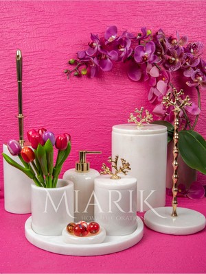 Miarik Design Dekoratif Beyaz Renk Mermer Mercan Detaylı 8 Li Banyo Seti Takımı