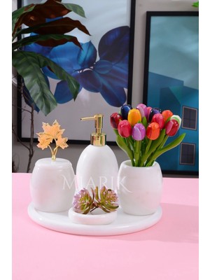 Miarik Design Dekoratif Beyaz Mermer Oval Banyo Seti Takımı 5 Li Tasarım Set