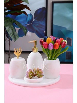 Miarik Design Dekoratif Beyaz Mermer Oval Banyo Seti Takımı 5 Li Tasarım Set
