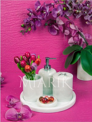 Miarik Design Dekoratif Beyaz Mermer Yaprak Detaylı 5 Li Banyo Seti Takımı
