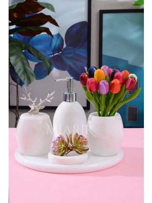 Miarik Design Dekoratif Beyaz Mermer Oval Banyo Seti Takımı 5 Li Tasarım Set