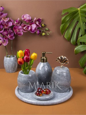 Miarik Design Dekoratif Gri Oval Mermer Banyo Seti Takımı 5 Li Aksesuar Detaylı Tasarım Set