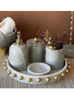 Miarik Design Dekoratif Mermer Altın Bol Top Kabare Detaylı 5 Li Banyo Seti Takımı