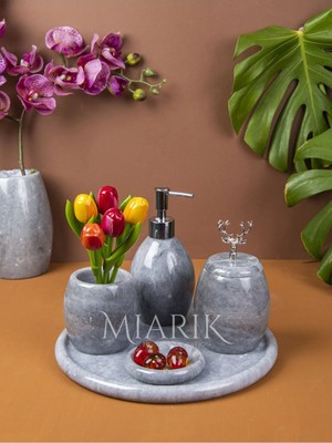 Miarik Design Dekoratif Gri Oval Mermer Banyo Seti Takımı 5 Li Aksesuar Detaylı Tasarım Set