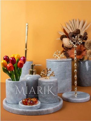 Miarik Design Dekoratif Grı Mermer Mercan Detaylı 8 Li Banyo Seti Takımı
