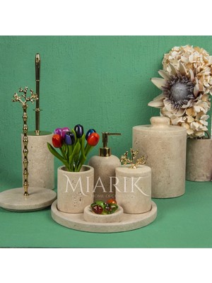 Miarik Design Dekoratif Traverten Mermer Mercan Detaylı 8 Li Banyo Seti Takımı