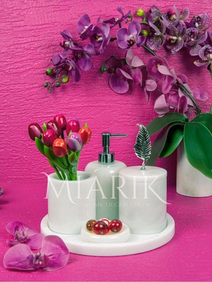 Miarik Design Dekoratif Beyaz Mermer Yaprak Detaylı 5 Li Banyo Seti Takımı