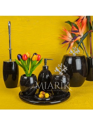 Miarik Design Dekoratif Siyah Mermer Banyo Seti Takımı 7 Li Pirinç Aksesuar Detaylı Tasarım Set