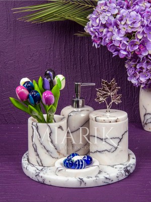 Miarik Design Dekoratif Leylak Mermer Yaprak Detaylı 5 Li Banyo Seti Takımı