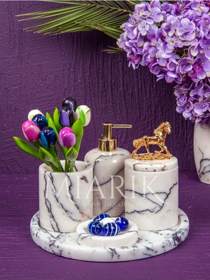 Miarik Design Dekoratif Leylak Mermer Gümüş Kuş Kuğu Detaylı 5 Li Banyo Seti Takımı
