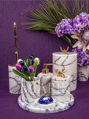 Miarik Design Dekoratif Leylak Mermer Aksesuar Detaylı 7 Li Banyo Seti Takımı