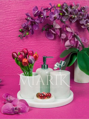 Miarik Design Dekoratif Beyaz Mermer Yaprak Detaylı 5 Li Banyo Seti Takımı