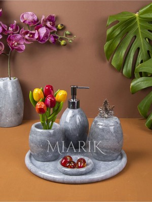 Miarik Design Dekoratif Gri Oval Mermer Banyo Seti Takımı 5 Li Aksesuar Detaylı Tasarım Set