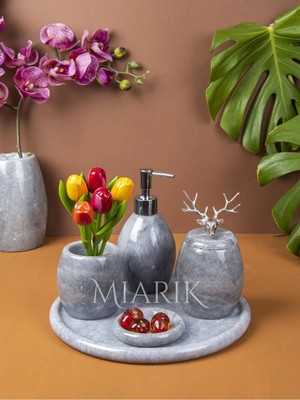 Miarik Design Dekoratif Gri Oval Mermer Banyo Seti Takımı 5 Li Aksesuar Detaylı Tasarım Set