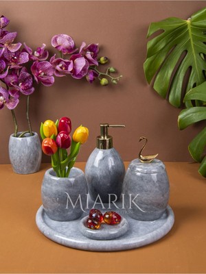 Miarik Design Dekoratif Gri Oval Mermer Banyo Seti Takımı 5 Li Aksesuar Detaylı Tasarım Set