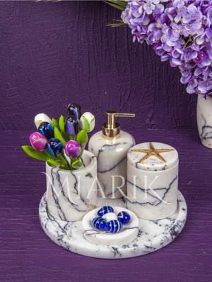 Miarik Design Dekoratif Leylak Mermer Yaprak Detaylı 5 Li Banyo Seti Takımı