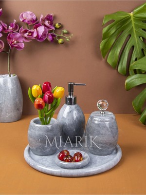 Miarik Design Dekoratif Gri Oval Mermer Banyo Seti Takımı 5 Li Aksesuar Detaylı Tasarım Set