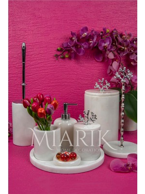 Miarik Design Dekoratif Beyaz Renk Mermer Mercan Detaylı 8 Li Banyo Seti Takımı