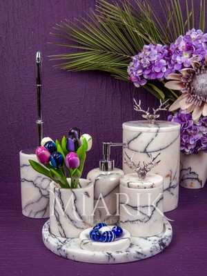 Miarik Design Dekoratif Leylak Mermer Aksesuar Detaylı 7 Li Banyo Seti Takımı