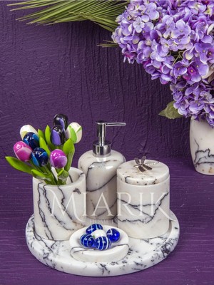 Miarik Design Dekoratif Leylak Mermer Yaprak Detaylı 5 Li Banyo Seti Takımı