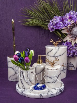 Miarik Design Dekoratif Leylak Mermer Aksesuar Detaylı 7 Li Banyo Seti Takımı