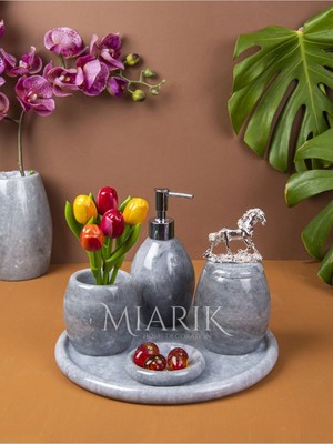 Miarik Design Dekoratif Gri Oval Mermer Banyo Seti Takımı 5 Li Aksesuar Detaylı Tasarım Set