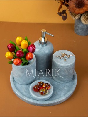 Miarik Design Dekoratif Grı Mermer Aksesuar Detaylı 5 Li Banyo Seti Takımı